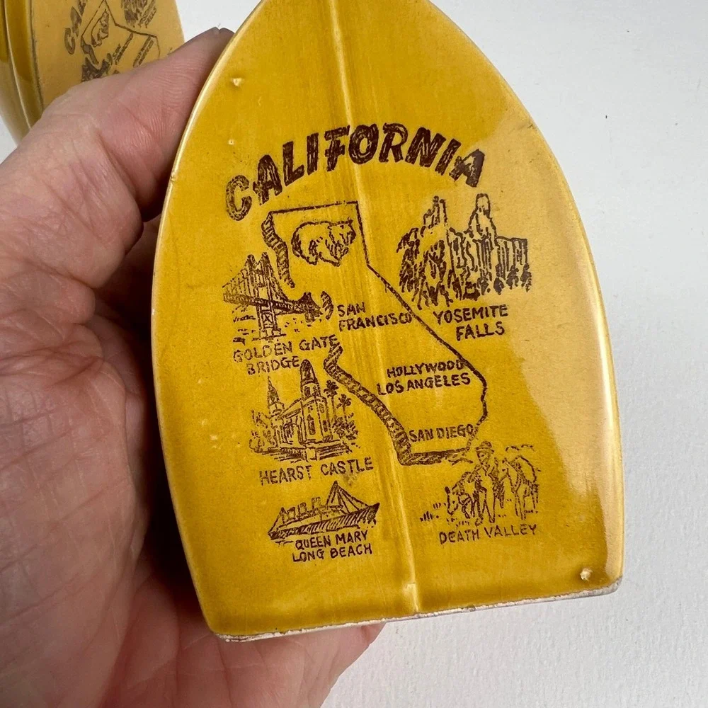 Vintage California Flat Iron Salt and Pepper Shakers Yellow Ceramic Set Souvenir